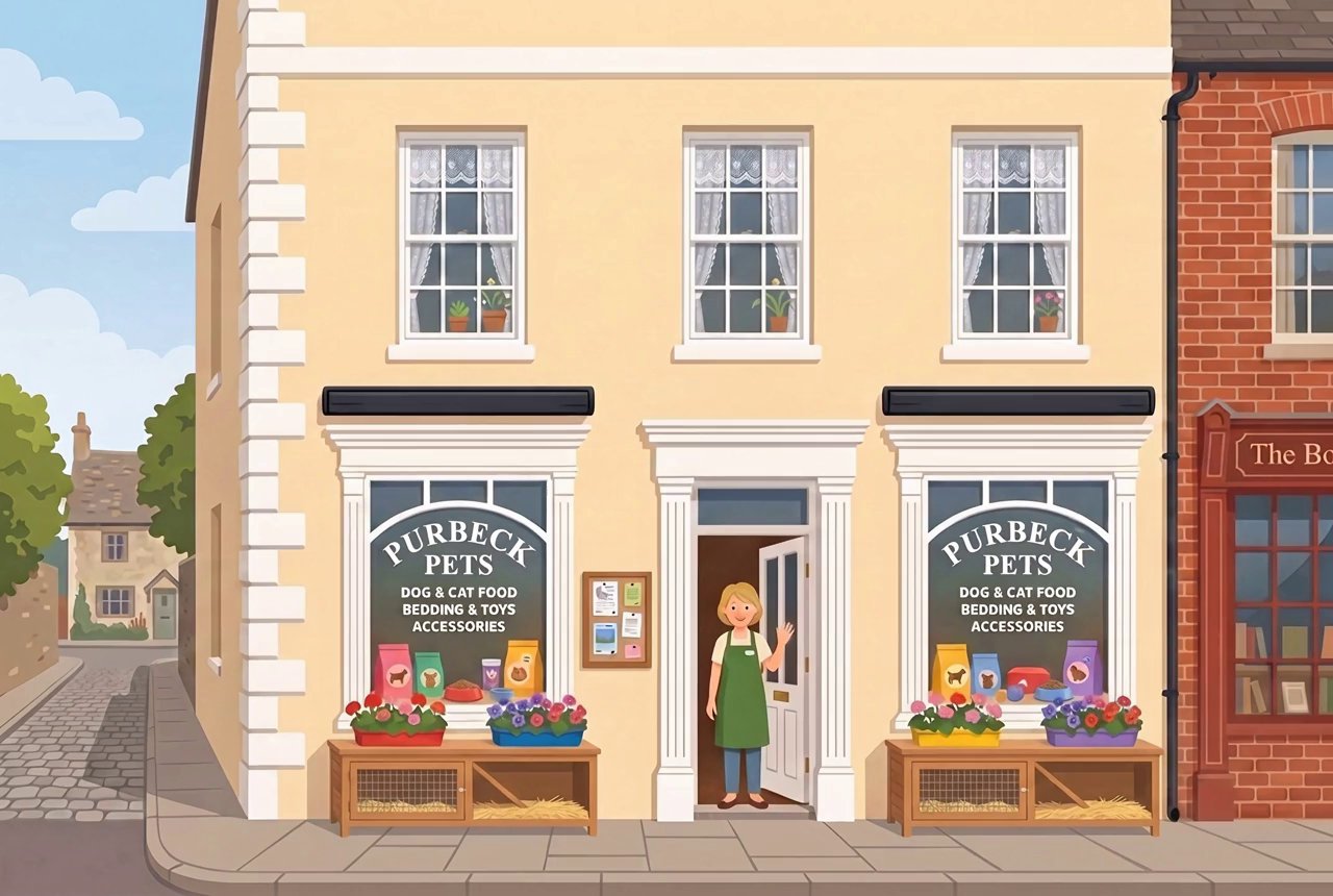 Illustration of the Purbeck Pets shop front on 8 West Street, Wareham
